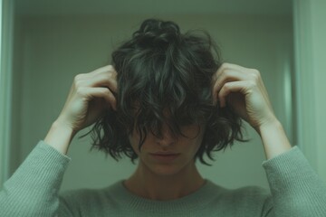 Fototapeta premium Person with messy hair holding head, expressing deep contemplati