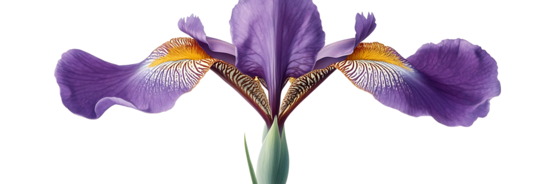 A vibrant close-up of a blue iris flower in full bloom with striking details and delicate petals against a plain isolated on transparent background.png