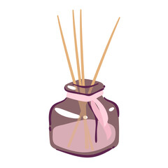Glass cartoon aroma reed diffuser with aromatic sticks and pink ribbon. Funny bottle with essential oil and wooden sticks. Aromatherapy mascot, cartoon cute home fragrance jar vector illustration