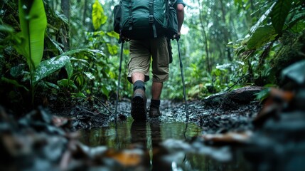A hiker walks along a muddy trail in a vibrant rainforest, surrounded by dense greenery, showcasing the beauty of nature and the adventure of exploration in the wild.