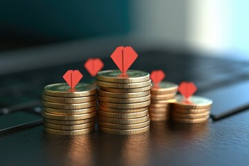 Coin Stacks with Origami Hearts: Stacks of golden coins topped with origami hearts on keyboard, symbolizing charitable giving, financial support.