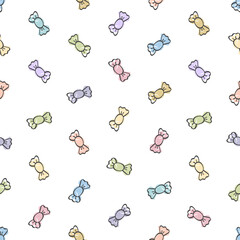 Seamless pattern with confetti of candies on a white background. Vector illustration in simple childish hand drawn style.