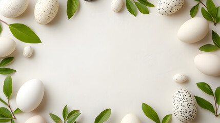 Easter eggs in neutral tones with fresh green leaves arranged in a circle on a white background. Ideal for seasonal branding, minimalist holiday themes, nature-inspired compositions. Selective focus