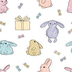 Bright bunnies, birthday gifts and confetti of candies on a white background. Cute seamless pattern with rabbits vector illustration.