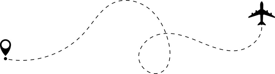 Airplane line path icon of air plane flight route with start point and dash dotted line trace. Love travel route. Airplane routes. Travel icon.