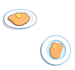 Vsai two plates presenting breaded schnitzel with lemon slice, seen from above