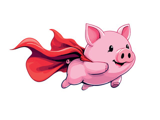 Super pig flying and wearing red cape, cartoon illustration