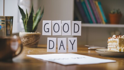 Good Day Message with Cake and Plants on Wooden Table