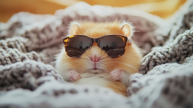 A funny hamster wearing sunglasses while relaxing on a couch, exuding a cool and quirky personality, representing humor, leisure, and a carefree, stylish lifestyle.