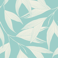 Palm leaves seamless pattern. Beige leaf on light blue sky background. Trendy ditsy floral texture for print, fashion, textile, fabric, decoration, wrapping