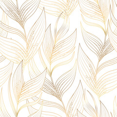 Tropical leaves foliage seamless pattern. Gold line hand drawn palm leaves on white background. 