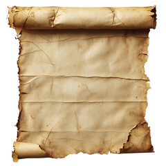 Fototapeta premium Title An old, torn parchment paper with rough edges and a weathered texture, antique appearance for vintage designs and backgrounds, isolated on transparent background 