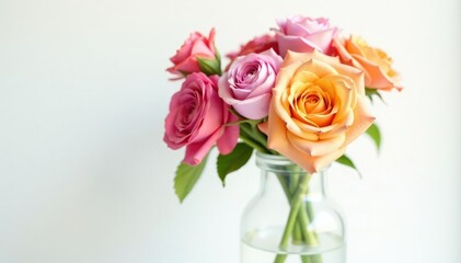 Fototapeta premium Colorful flowers in a vase on a white background, flowers, fresh cut flowers