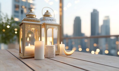 Ramadan lanterns candles city balcony