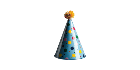 Blue party hat with colorful polka dots isolated on transparent background