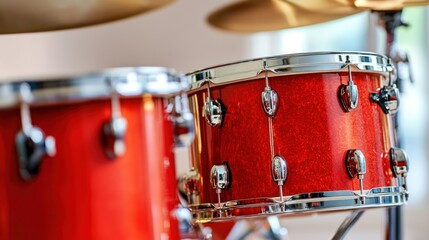 Fototapeta premium Closeup of Red Drum Kit with Cymbals Ready for Music Performance