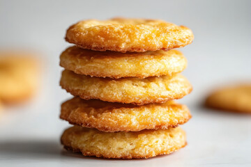 Stack of three golden fried chicken pieces on a white plate, garnished with herbs, crispy coating glistening under warm lighting.