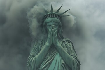 The Statue of Liberty in a pose of shame, reflecting America&rsquo;s political crisis