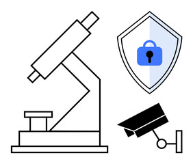 Microscope, security camera, and shield with lock icon signify research, surveillance, and data protection. Ideal for science, technology, cybersecurity, privacy safety research and analysis