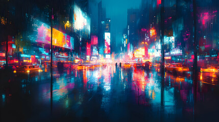 Obraz premium Rainy night, city street, vibrant lights, blurred figures, urban scene