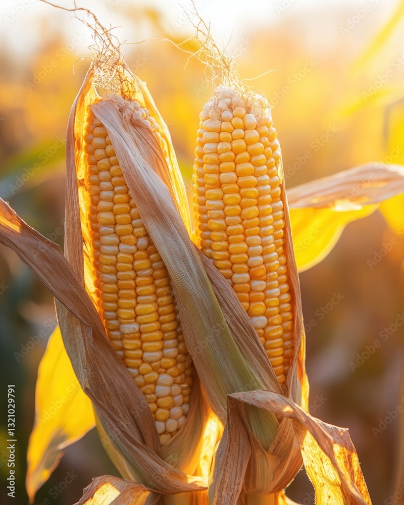 Poster close-up view of ripe corn cobs attached to stalks in a sunlit field with golden and green hues