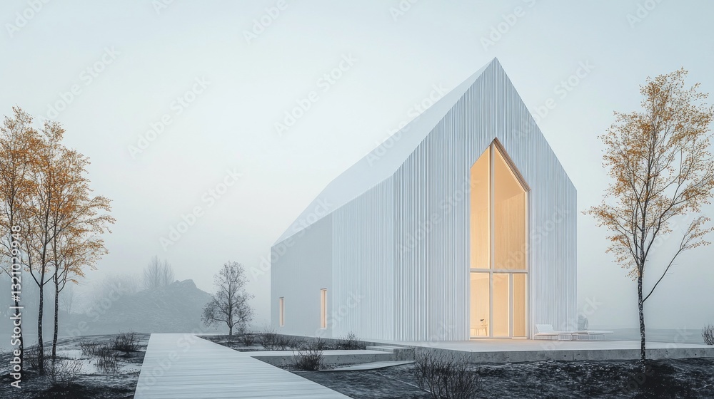 Poster Amidst a fog-covered terrain, a striking modern structure with sharp angles and large windows glows warmly. Surrounding trees display golden leaves, enhancing the tranquil atmosphere