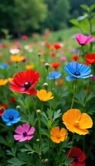 Obraz premium Colorful mix of cornflowers and poppies in a garden, nature, garden, landscape