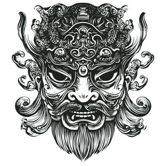 Vector illustration of an ornate Asian demon mask with intricate details. The black and white artwork features a fierce expression with angry eyes, fanged mouth, decorative horns, swirling ornaments