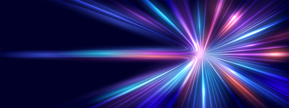 Modern abstract high speed lines. Dynamic motion light trails on dark blue background. Futuristic digital technology movement concept. Pattern for banner. Vector EPS10.