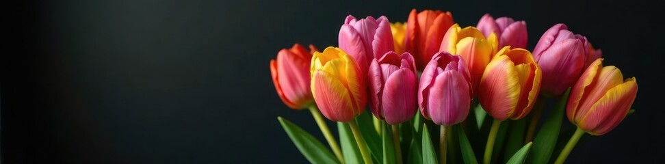 Colorful tulips in a loose, organic bouquet against dark, bohemian decor, tulips