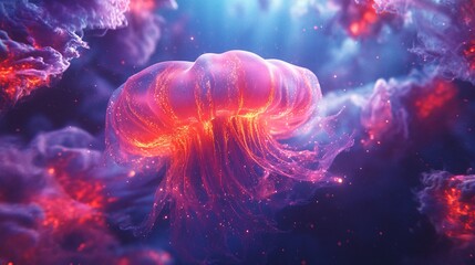 A glowing jellyfish swims in a sea of radiant colored clouds