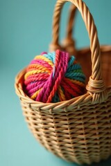 Obraz premium Colorful yarn ball suspended from woven basket handle, yarn ball, handmade craft, basket weaving