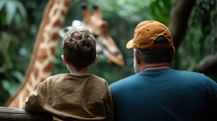 Fototapeta premium A heartwarming scene capturing a child and an adult enjoying their view of a giraffe in a vibrant green environment, showcasing the wonder of shared experiences in nature.