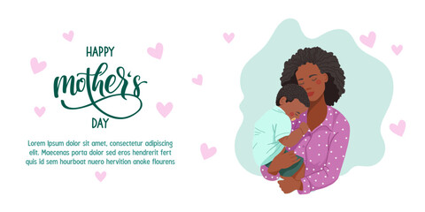 Black woman and son flyer for Mothers Day. Vector illustration
