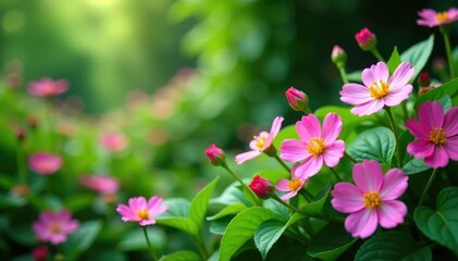 Obraz premium Delicate flowers bloom in a lush garden amidst foliage and vines, foliage, botanicals, wildflowers