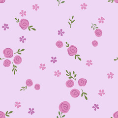 Seamless pattern with rose flower and green branches on purple background vector. 