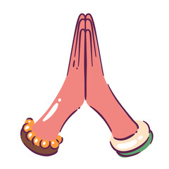 Namaste, cartoon human hands clasped together in prayer. Spiritual religious praying to god, greeting gesture. Worship, yoga, tradition mascot, cartoon cute funny mudra namaste vector illustration