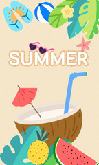 Summer holiday illustration featuring coconut drink, fruits, and beach accessories