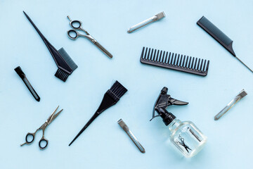 Pattern flat lay of hairdresser and barber tools and accessories, top view