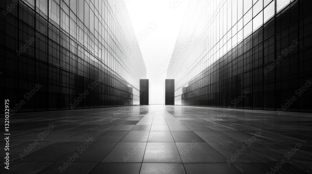Poster a serene walkway appears between two sleek glass buildings, illuminated by a gentle glow that create