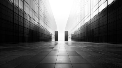 A serene walkway appears between two sleek glass buildings, illuminated by a gentle glow that creates a tranquil atmosphere, inviting exploration and contemplation in the bustling city