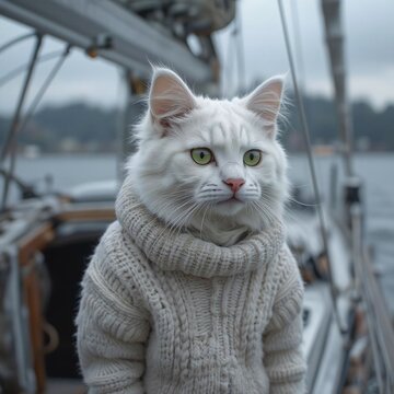 Fluffy white cat Caddy with green eyes in sweater sailing yacht rides a sailboat boat. Lounges in a stylish sweater aboard a sailboat.
