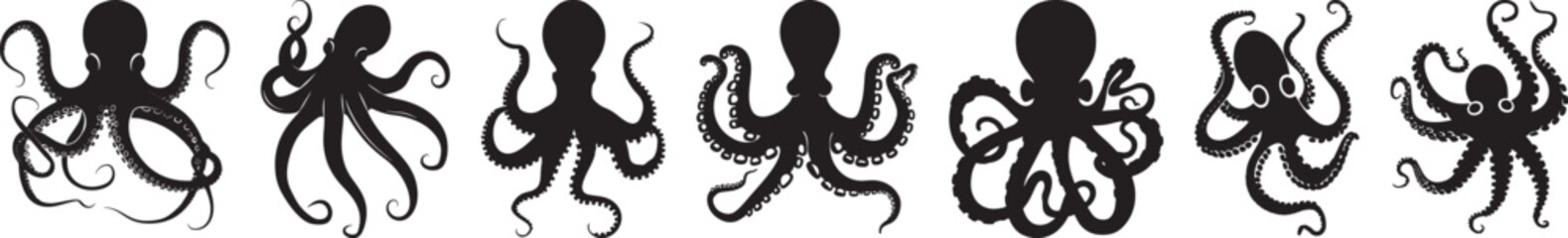 Naklejka premium Octopus Silhouette Vector Set, Isolated on White Background