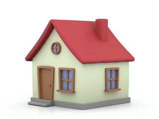 Bright and colorful 3D render of cartoon house with red roof with simple geometric shapes on white background for design and illustration. 