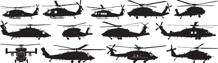 Helicopter Silhouettes Vector Illustration, Military and Civilian Aircrafts.
