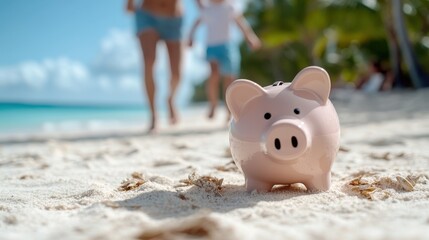 The iconic piggy bank is foregrounded on a sunlit beach as a family walks in celebration, highlighting themes of financial planning and joyous family moments.