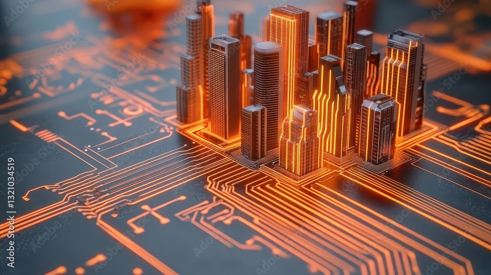 Poster futuristic cityscape on a circuit board symbolizing technology and urban development in a digital ag
