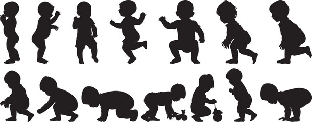 Baby Silhouette Collection: Set of Crawling, Standing and Playing Infants, Vector Illustration