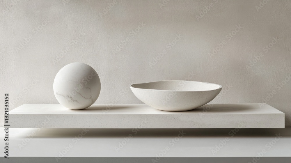 Poster Soft curves and subtle textures create a tranquil composition with a spherical and an organic-shaped bowl nestled on a sleek platform, showcasing the elegance of simplicity