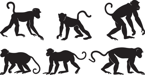 Monkey Silhouettes Vector Illustration Set, Isolated on White
